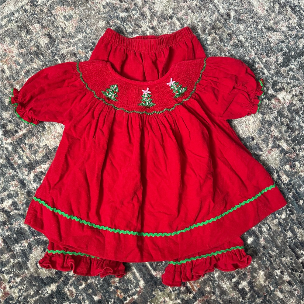 Girl’s Christmas smocked top with matching pants.
